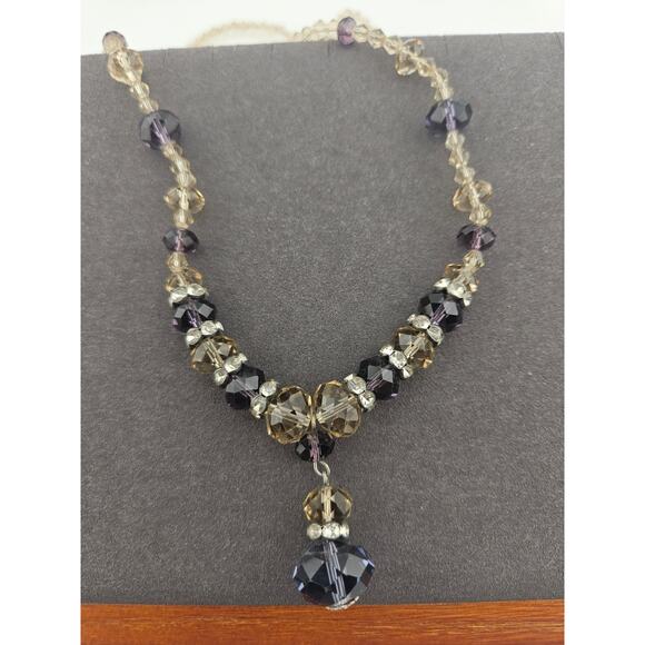 Faceted Beaded Statement Necklace Cream Purple Crystal Style Elevated Casual - Picture 2 of 3